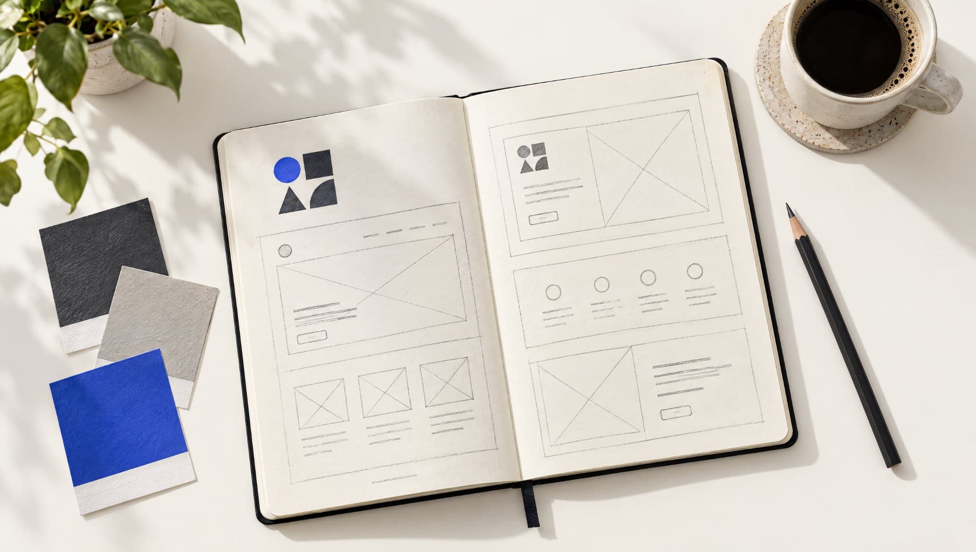 Sketchbook with website wireframes