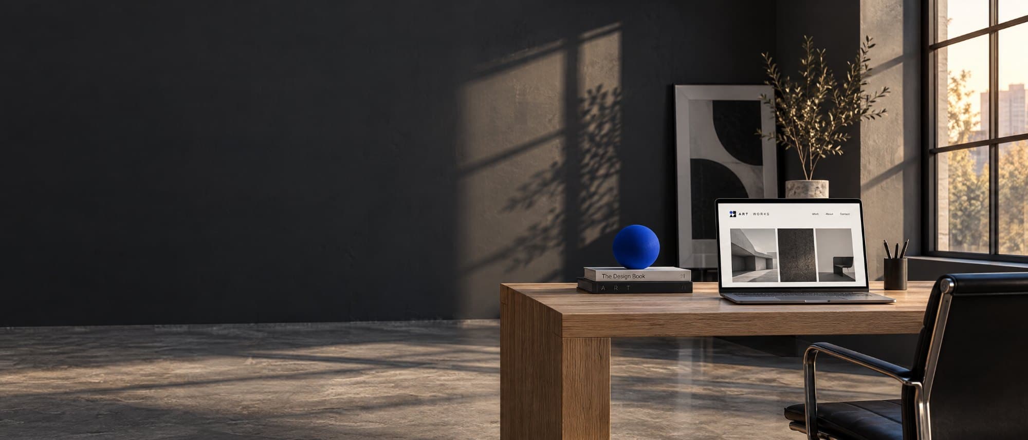 Dark studio interior with a desk, a laptop and a cobalt sphere