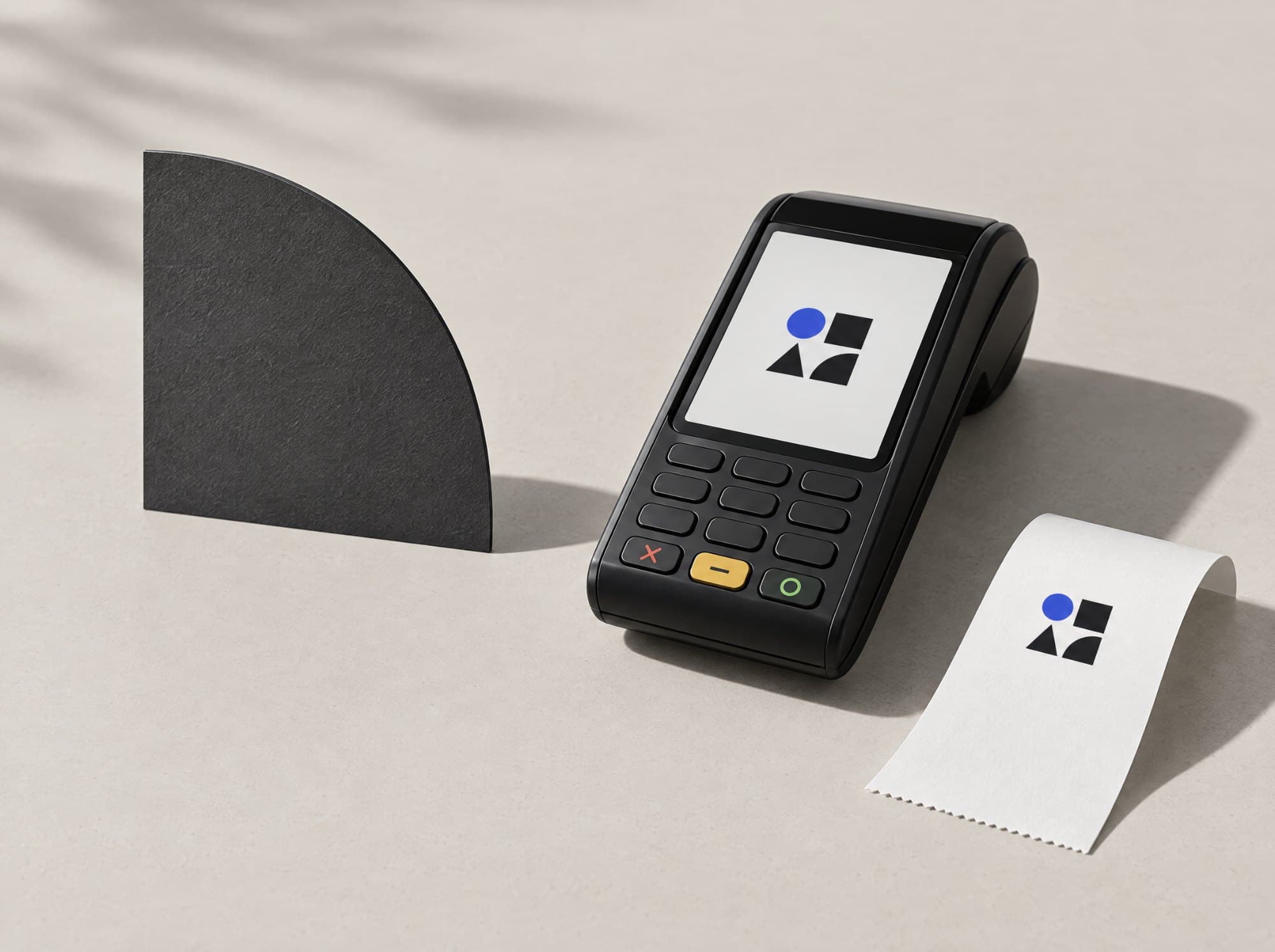 Card terminal with the ArtWorks symbol on screen and a printed receipt