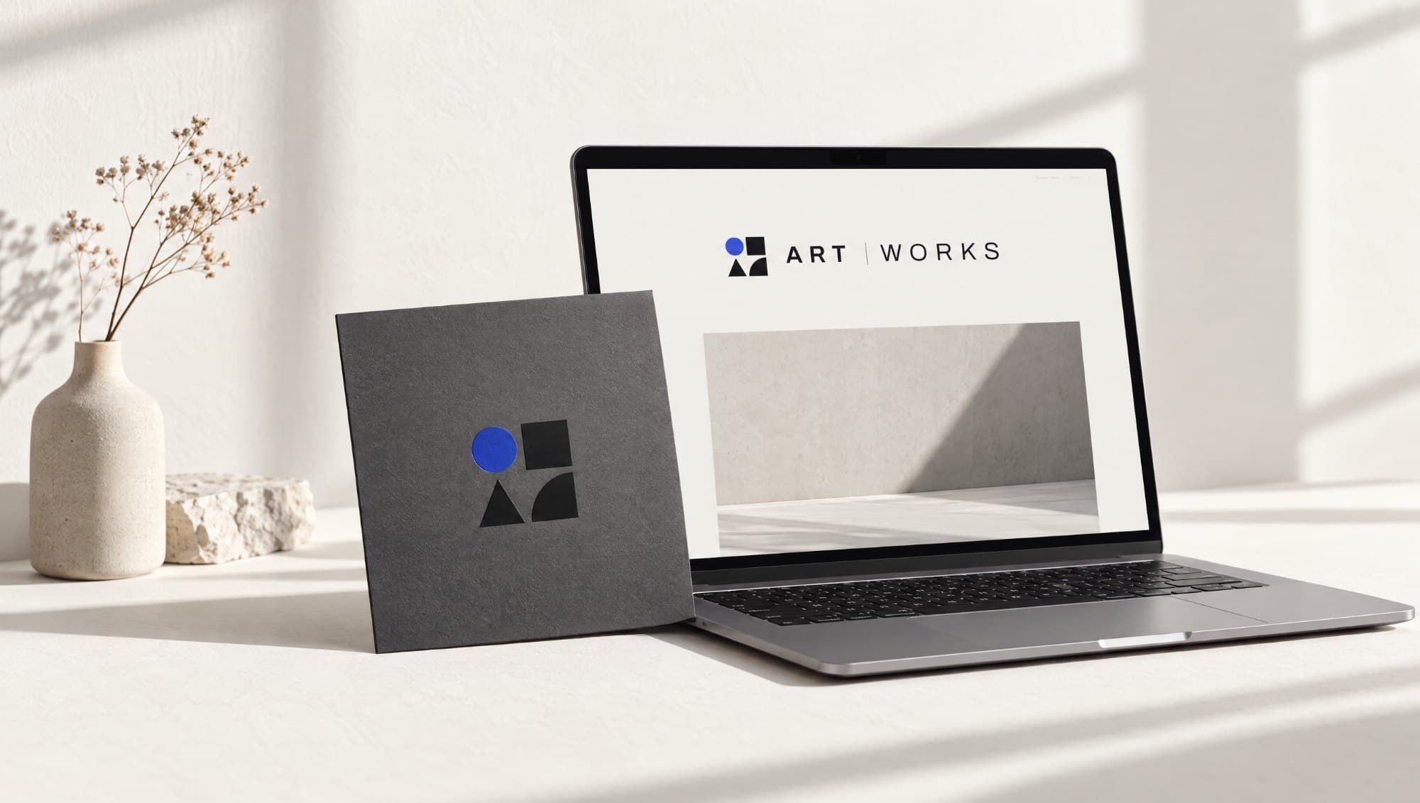 Laptop showing an ArtWorks website beside a card with the symbol
